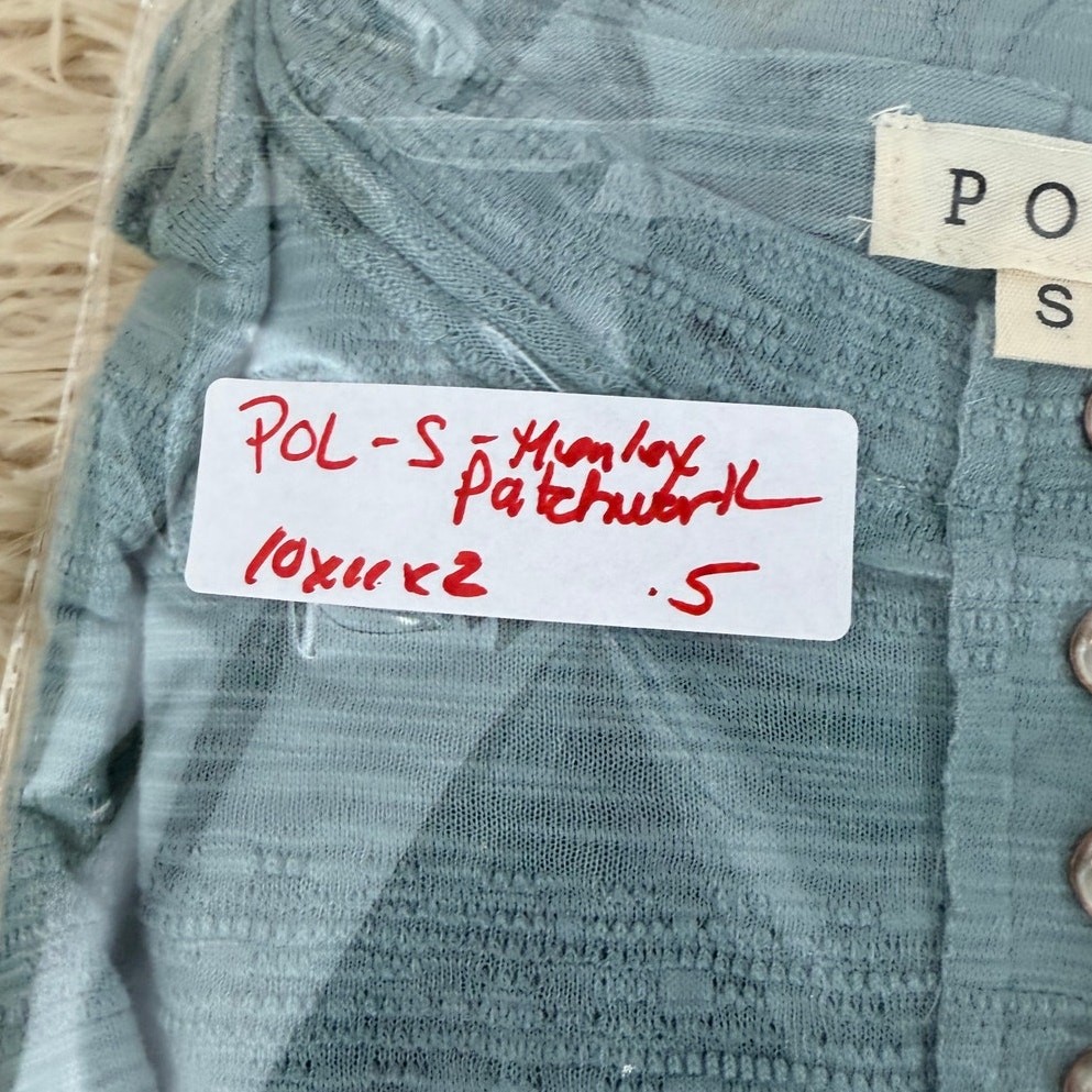POL Small Teal Patchwork Boho Henley Top Asymmetrical Hem Mixed Print Boutique