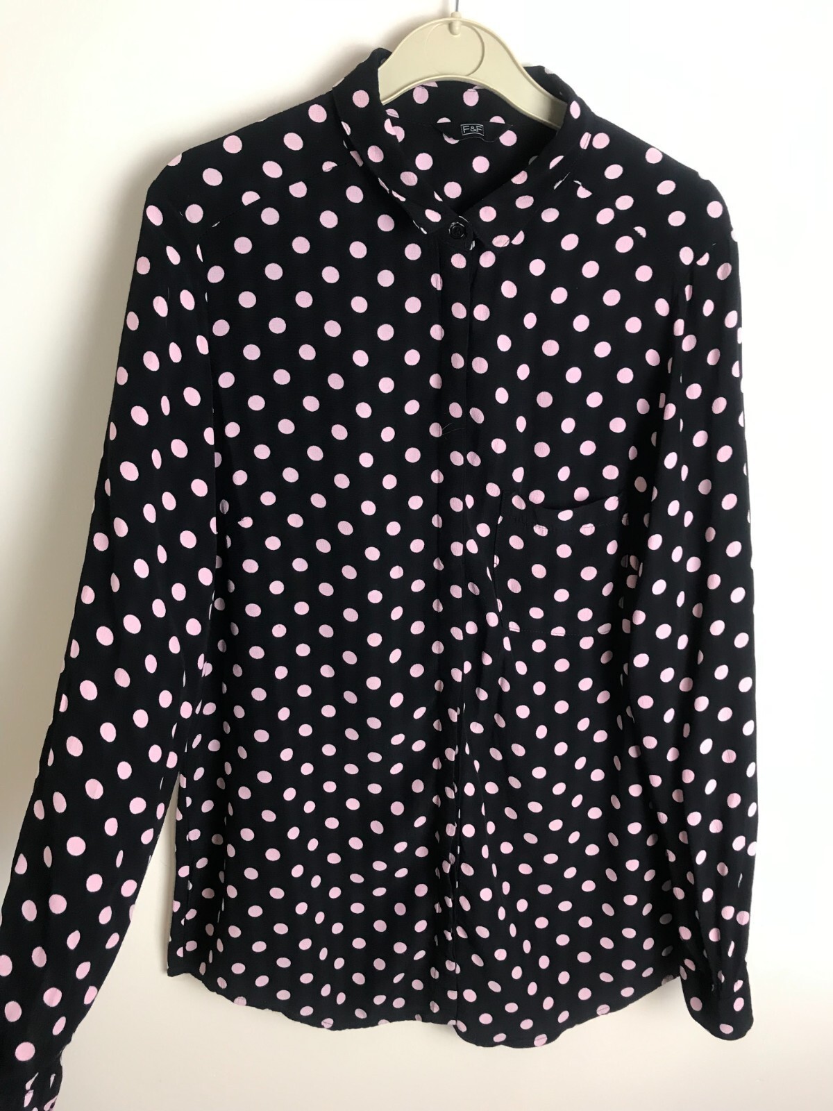 Black Pink Polka Dot Long Longline Button Down Shirt Blouse size 14 F&F