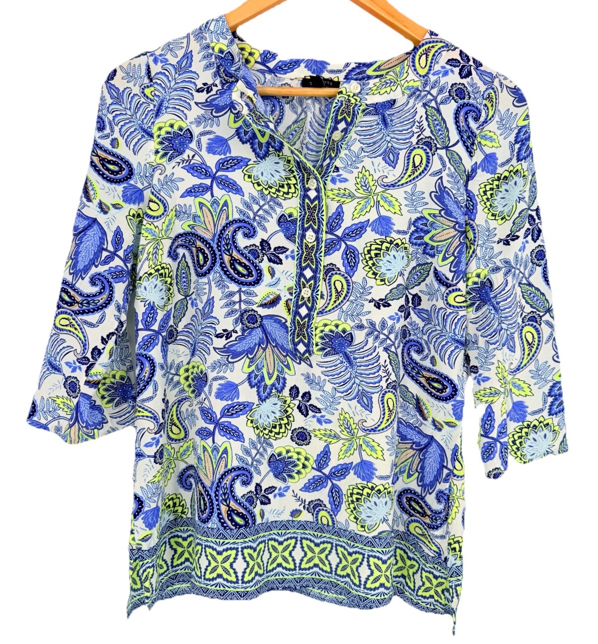 Talbots Viscose Paisley Tunic Top S Small Blue Lime Floral Boho Cottagecore