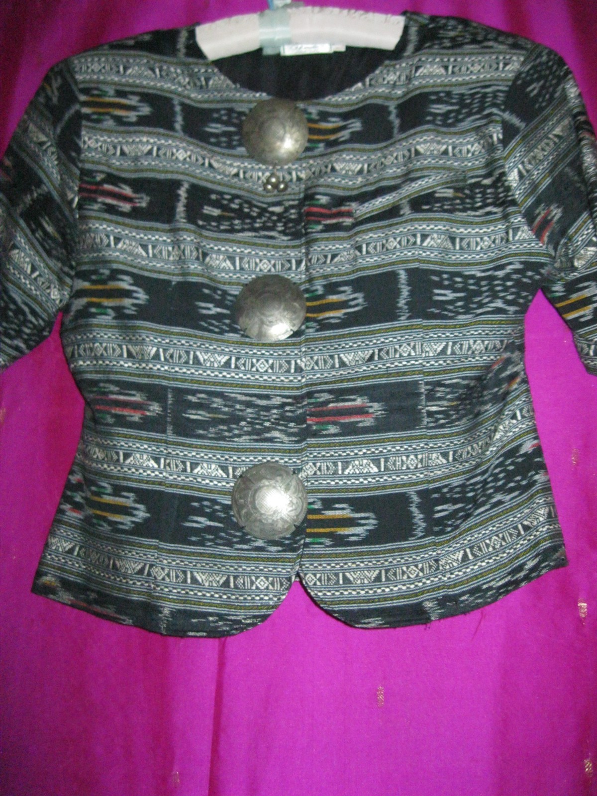 THAILAND, HAND WOVEN BLACK SILK BLOUSE W/ SILVER COLORED DISKS, NEW, SZ. S/M