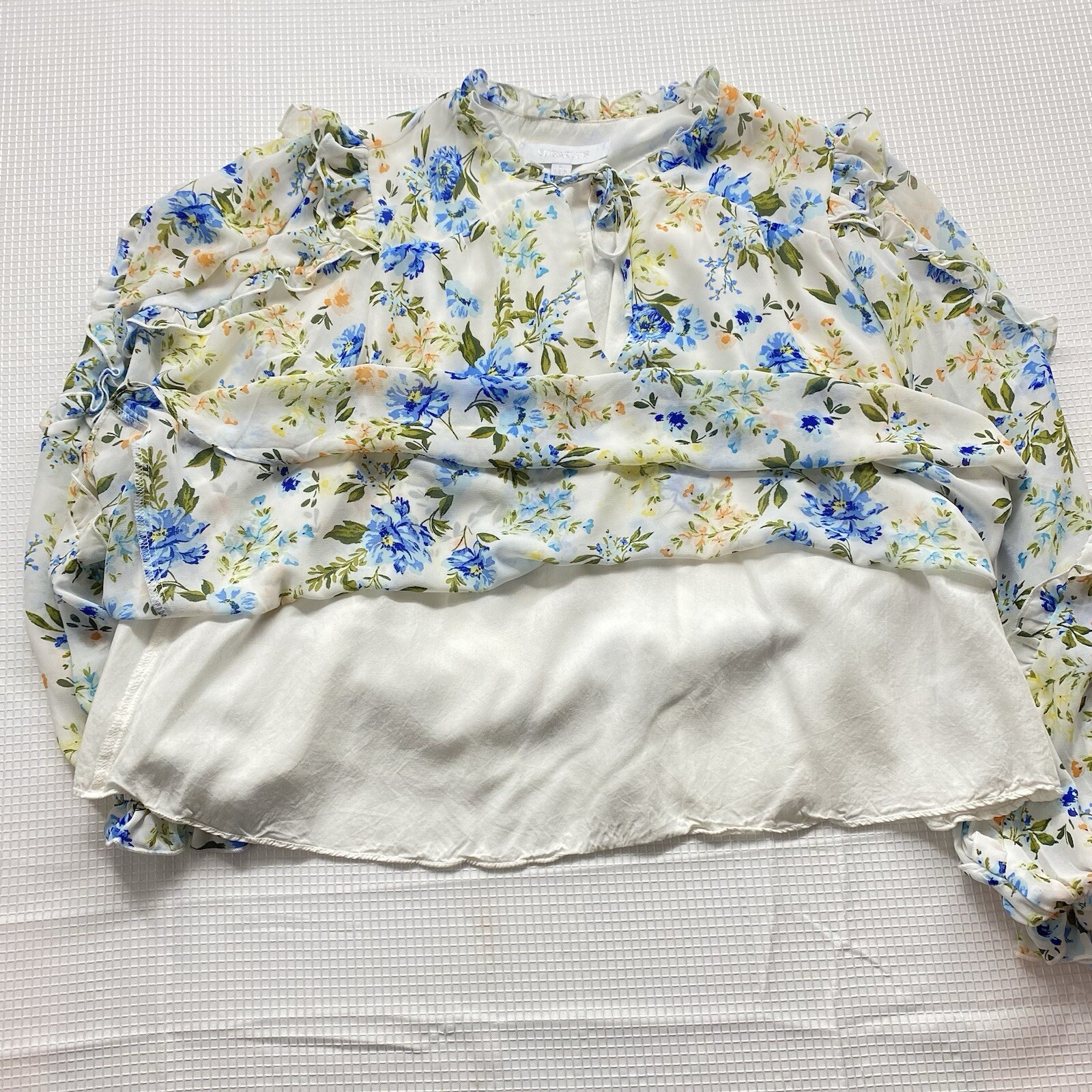 Sugar Lips Blouse Womens Small Balloon Sleeve Blue Floral V-Neck Ruffle Top