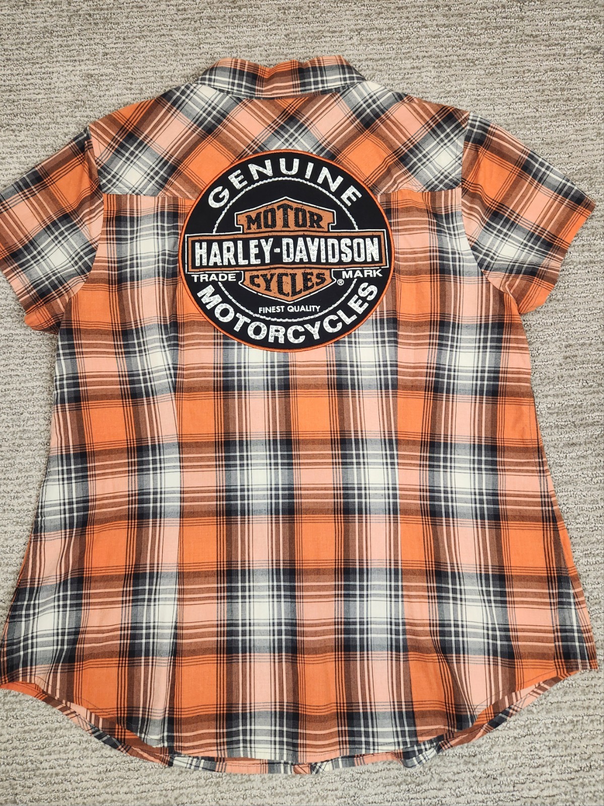 Harley-Davidson Genuine Oil Can Plaid Short Sleeve Shirt Women Large Biker Bling