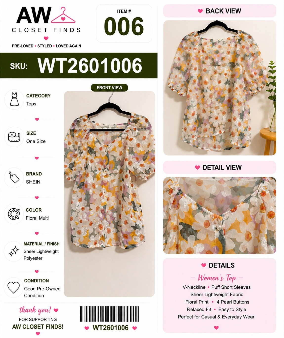 SHEIN Women’s Floral Print Chiffon Blouse One Size Puff Sleeve Top