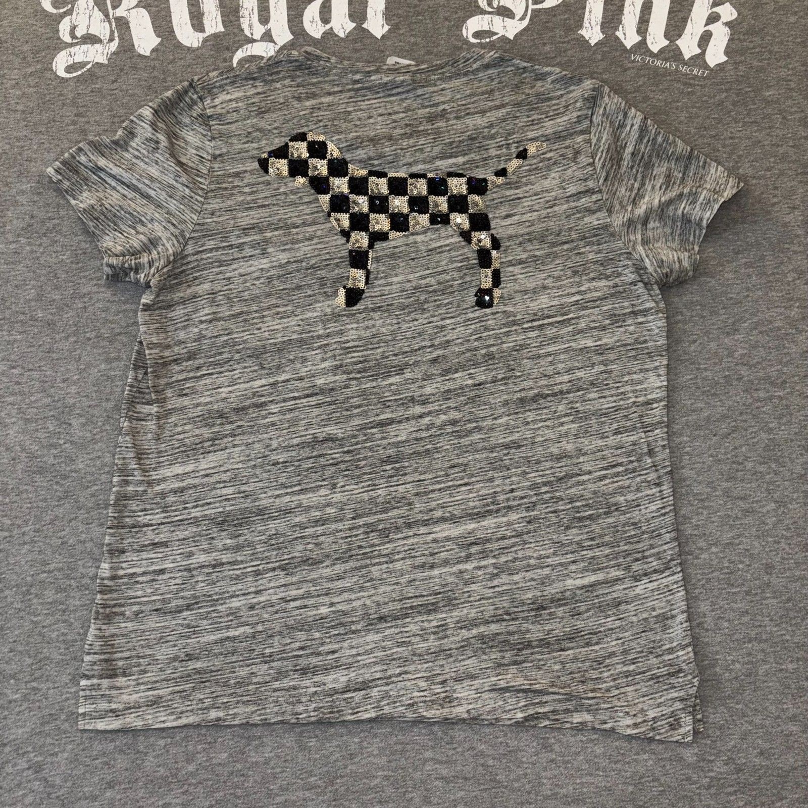 Victoria’s Secret PINK Checker Sequin Bling Gray Short Sleeve Tee Shirt – LG