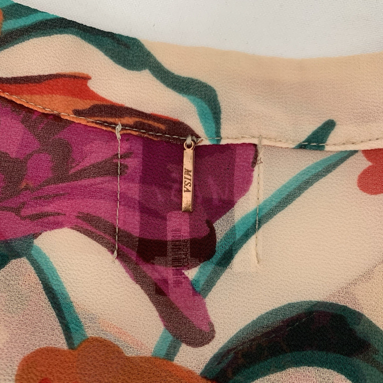 MISA Los Angeles Blouse L Button Sheer Nude Purple Floral Colorful Feminine Chic