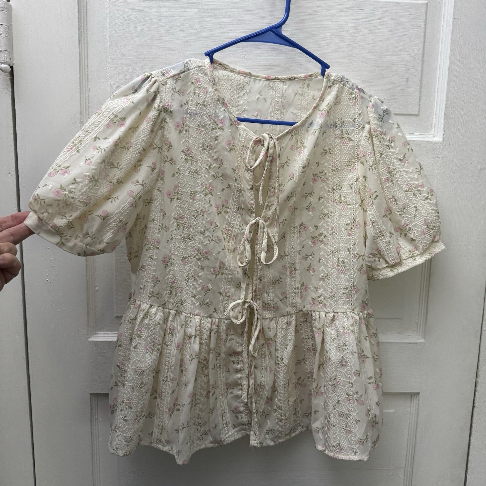 Floral Lace Tie Front Peplum Blouse Puff Sleeve Cottagecore Boho Women’s M