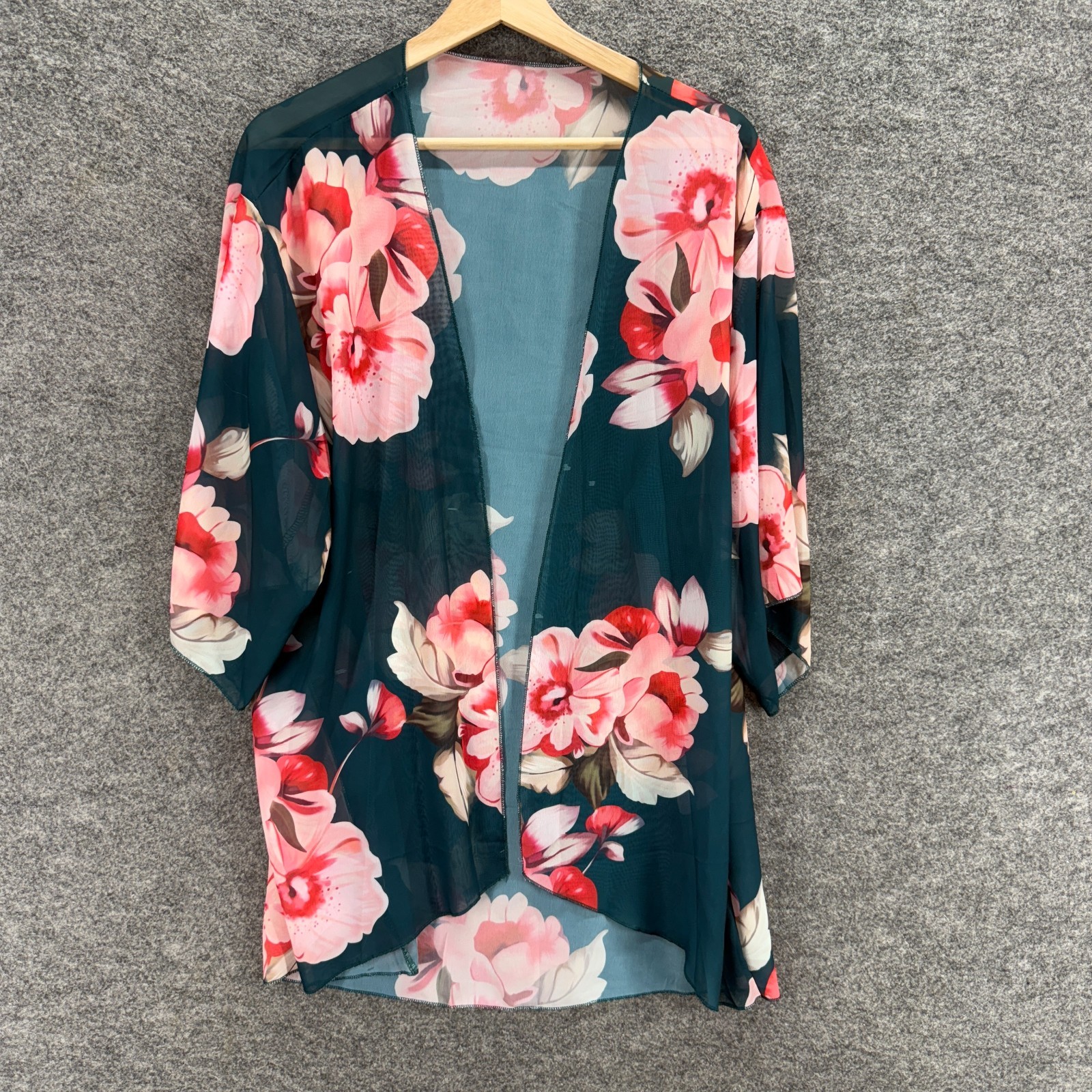 Unbranded Top Women XL Blue Floral Open Front 3/4 Sleeve Breathable Sheer Casual