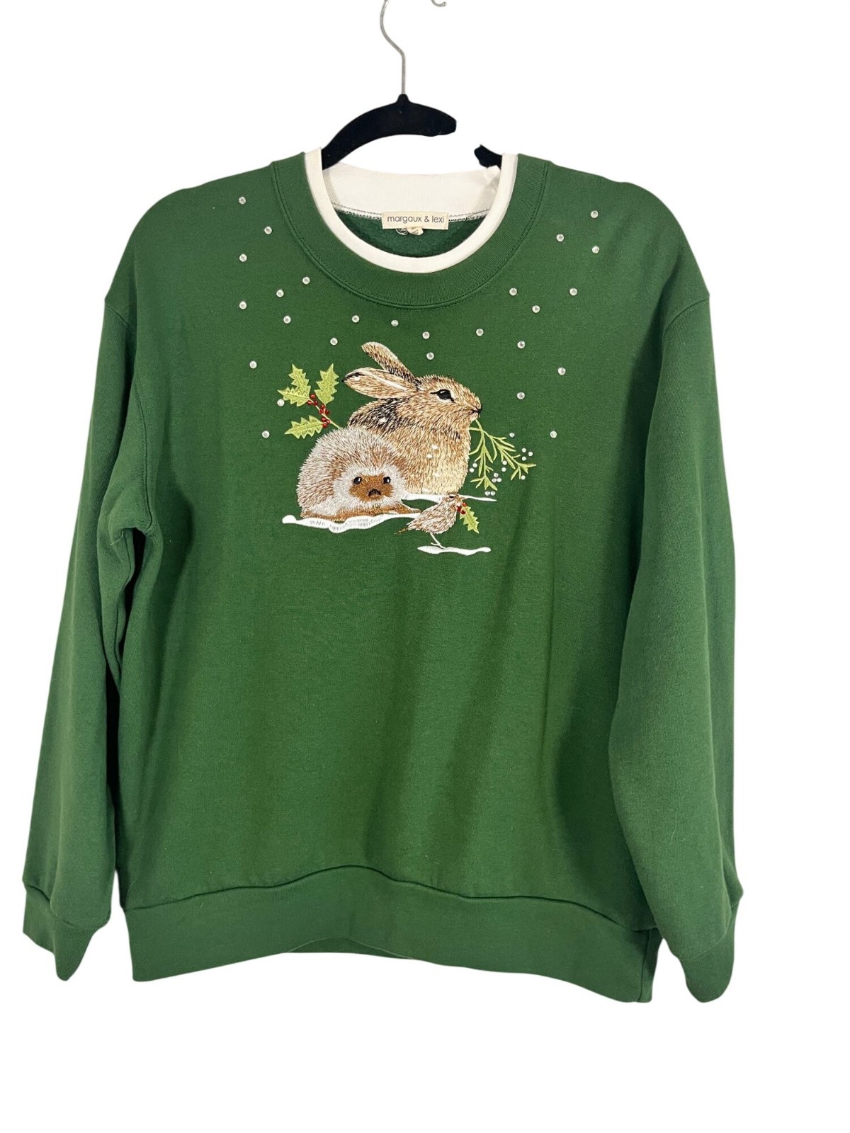 Retro Woodland Sweatshirt Green M Animal Lover Preppy Granny 80s Classic Chic