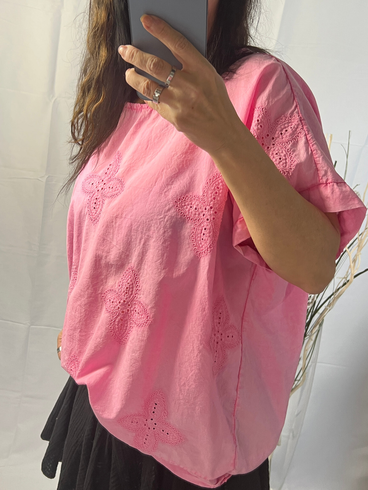 Italy new collection shirt blouse pink wash blogger size 38 40 42 44 eyelet embroidery