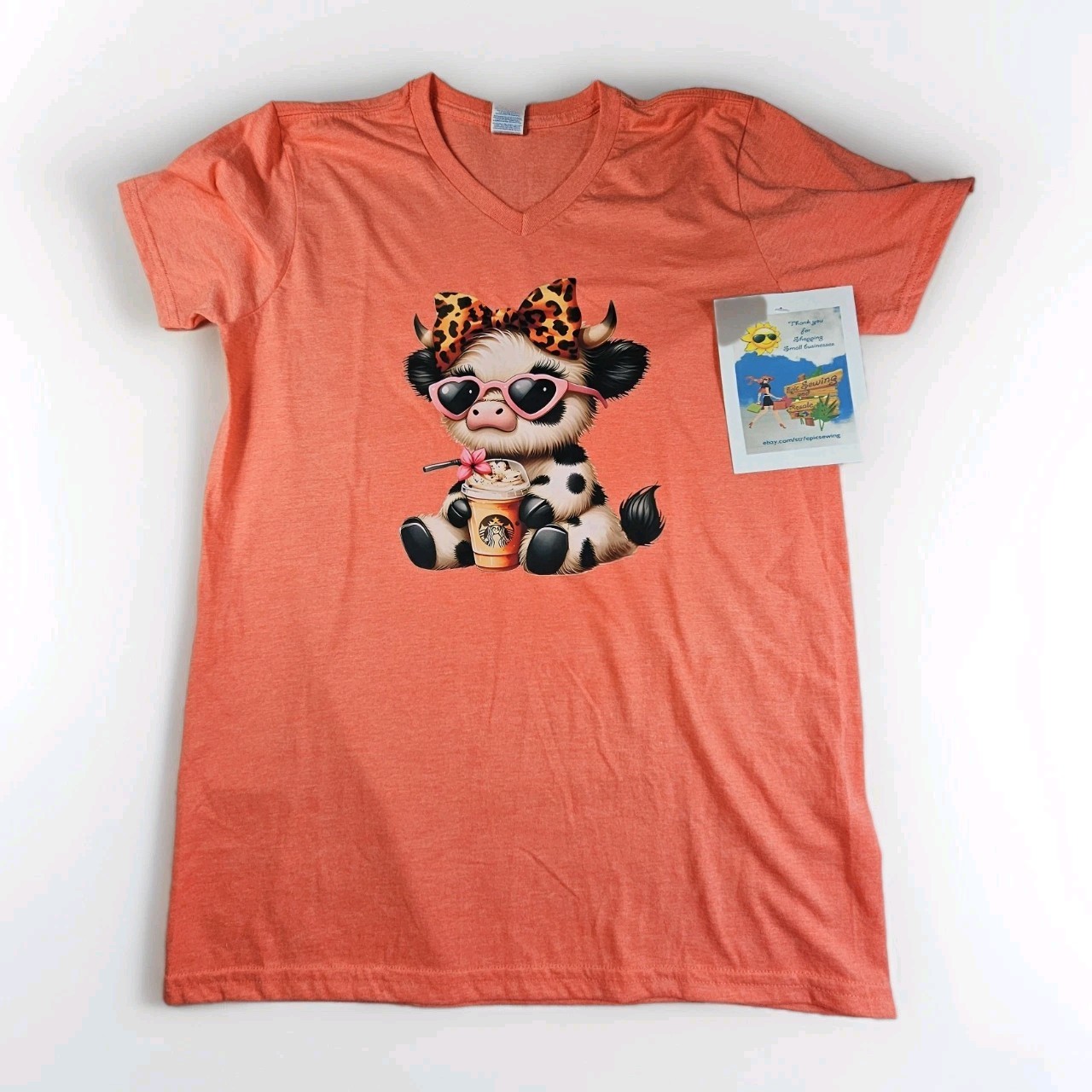 Highland Cow & Coffee Graphic T-Shirt Womens Sz Medium Gilden Heather Orange NWT
