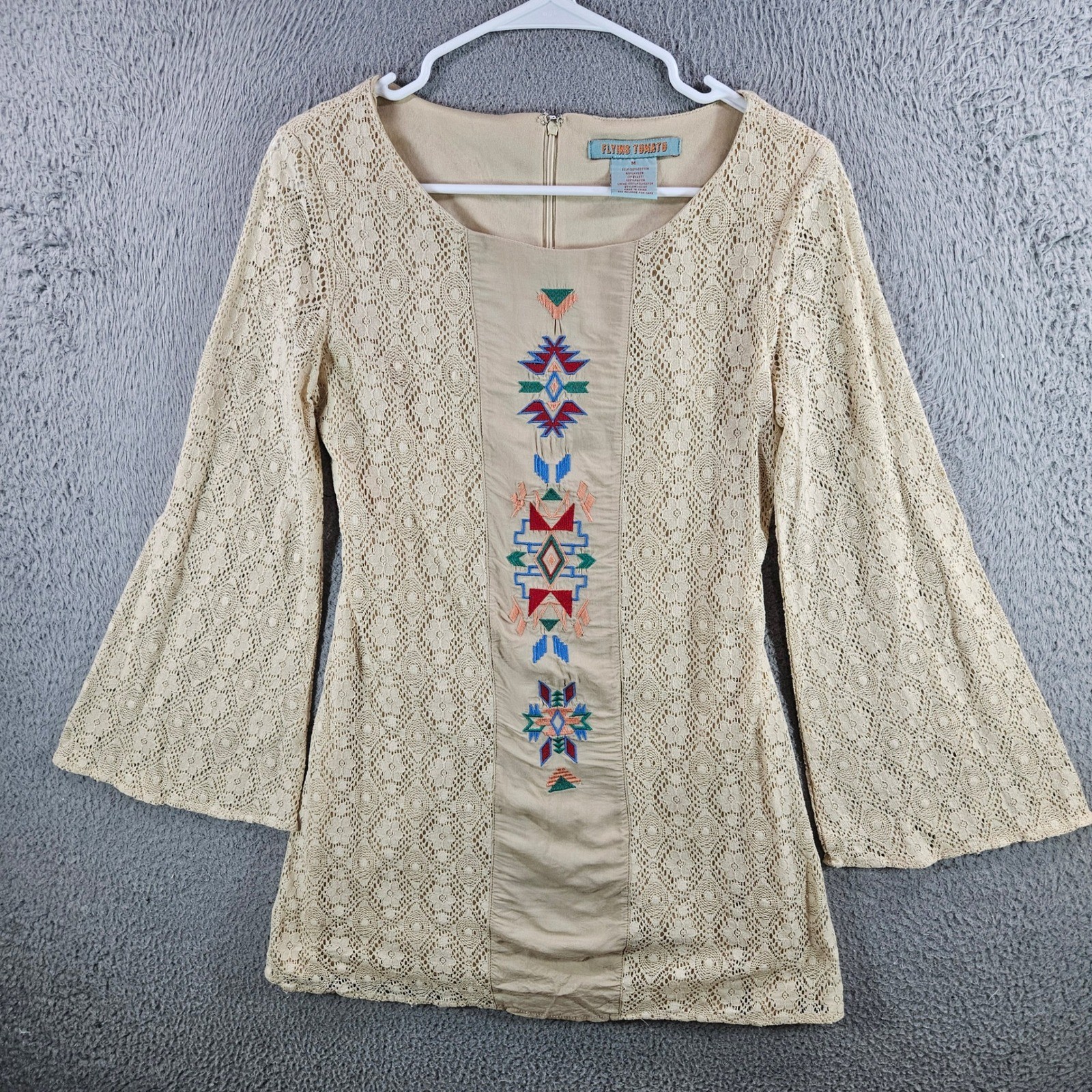 Flying Tomato Womens Lace Boho Tunic Top Bell Sleeve Embroidered Tan M