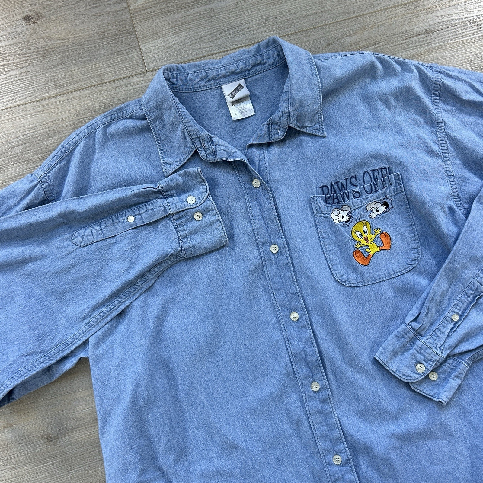 VTG Warner Bros Looney Toons Womens XL Denim Tweety Bird Paws Off Oversized