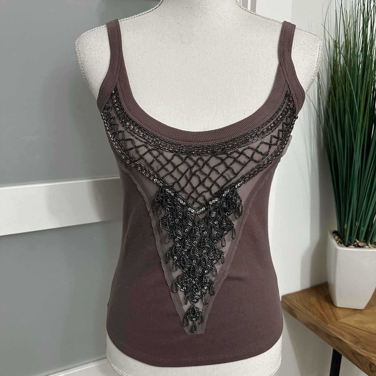 Day Birger et Mikkelsen Embellished Brown Tank Top SZ Small Designer Sheer NWT