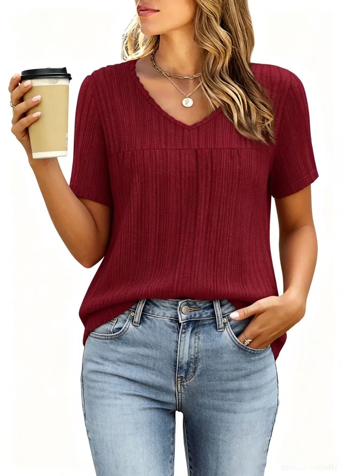 Ladies Summer RIBBED Stretch Tops Shirts Short Sleeve Casual Loose Blouse V Neck