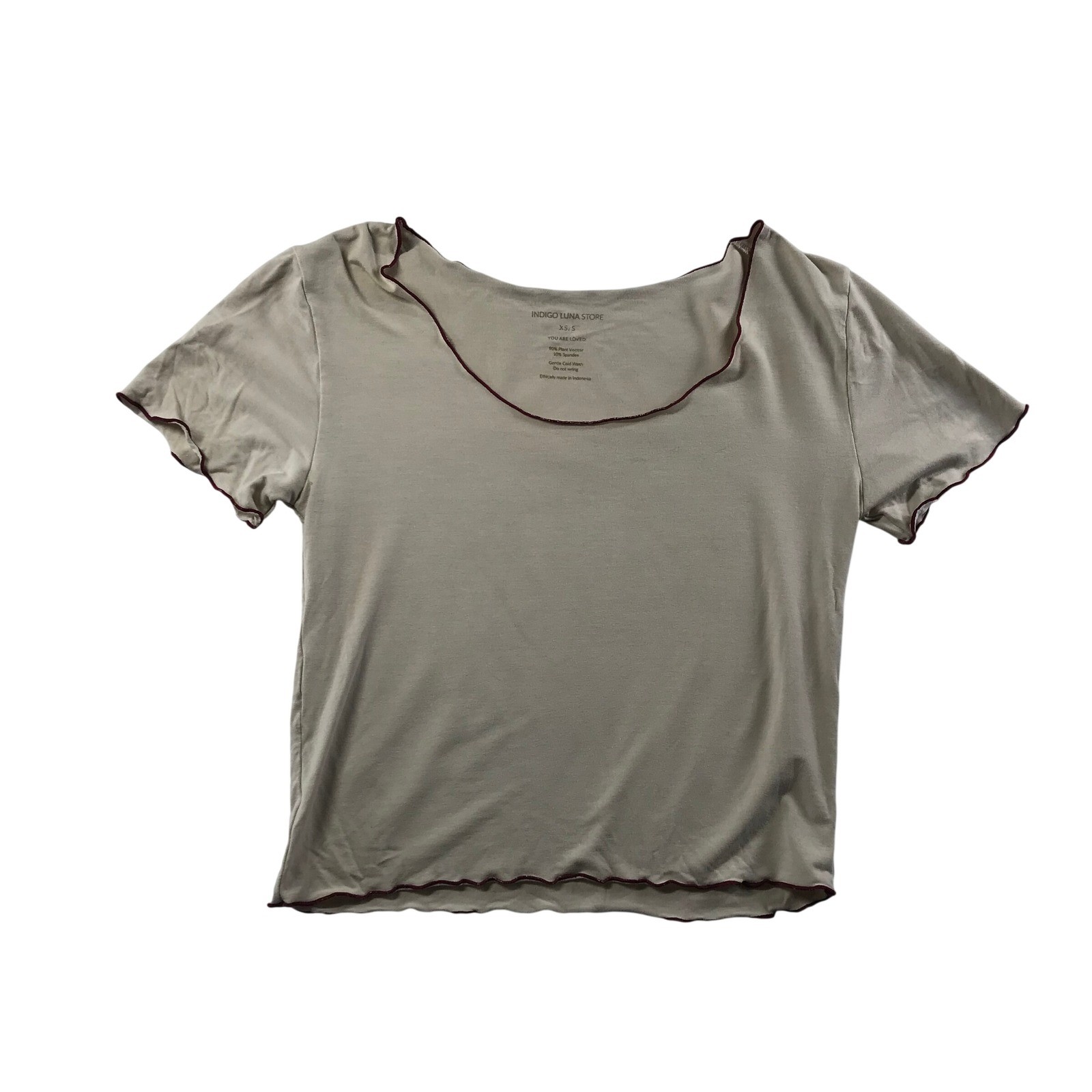 Indigo Luna Store Beige Lettuce Edge Crop Top XS/S Scoop Neck Short Sleeve Yoga