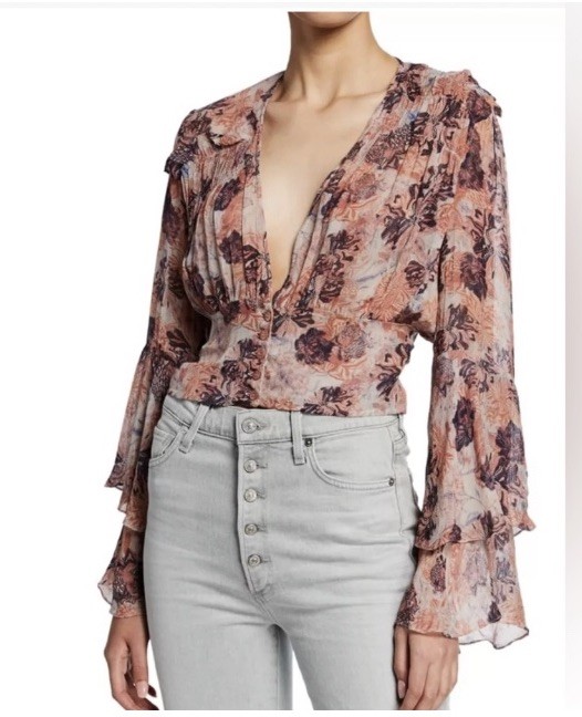 I R O Floral Print NWOT Ruffle Sleeves V- Neck US Size 6
