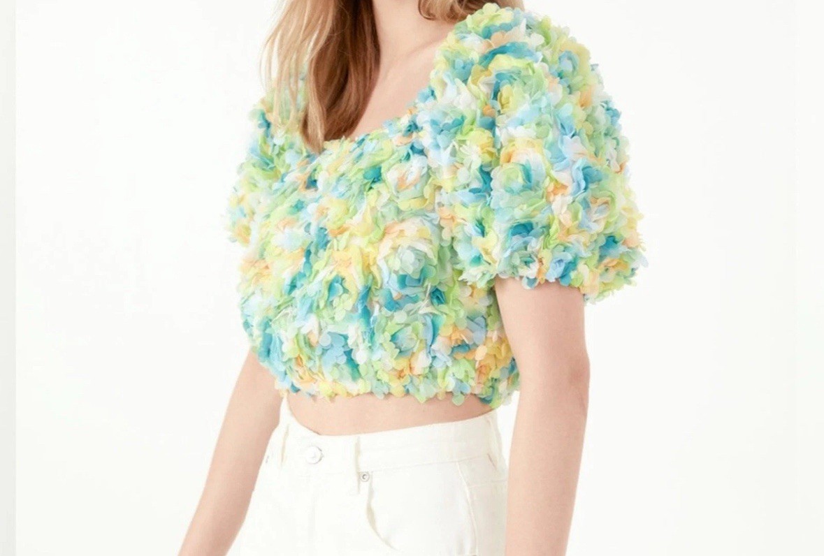 Free the Roses Multicolor Puffy Floral Embellished Crop Top Size Large New