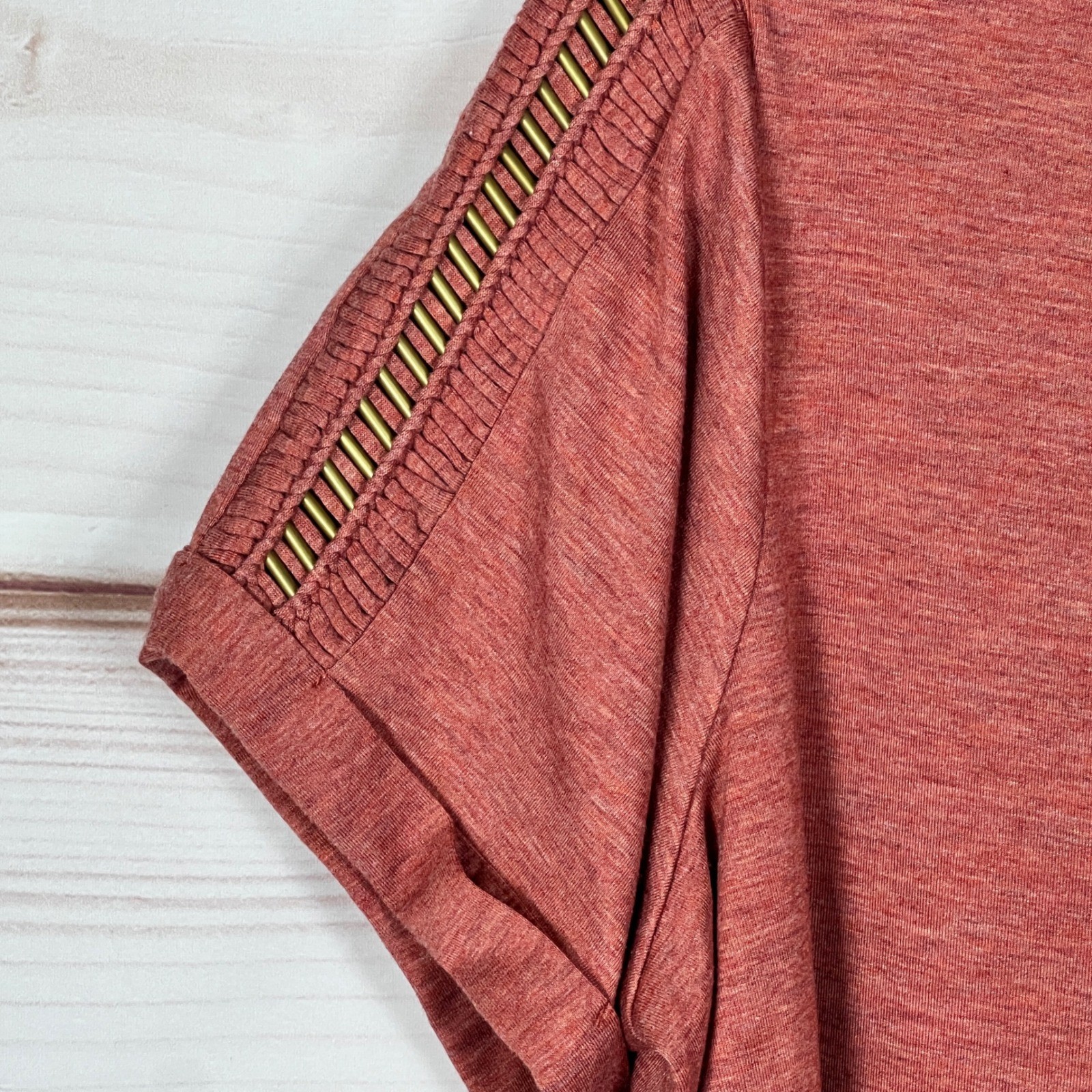 Rose + Olive V-Neck Top Women 2X Orange Heathered Beaded Shoulder Detail T-Shirt