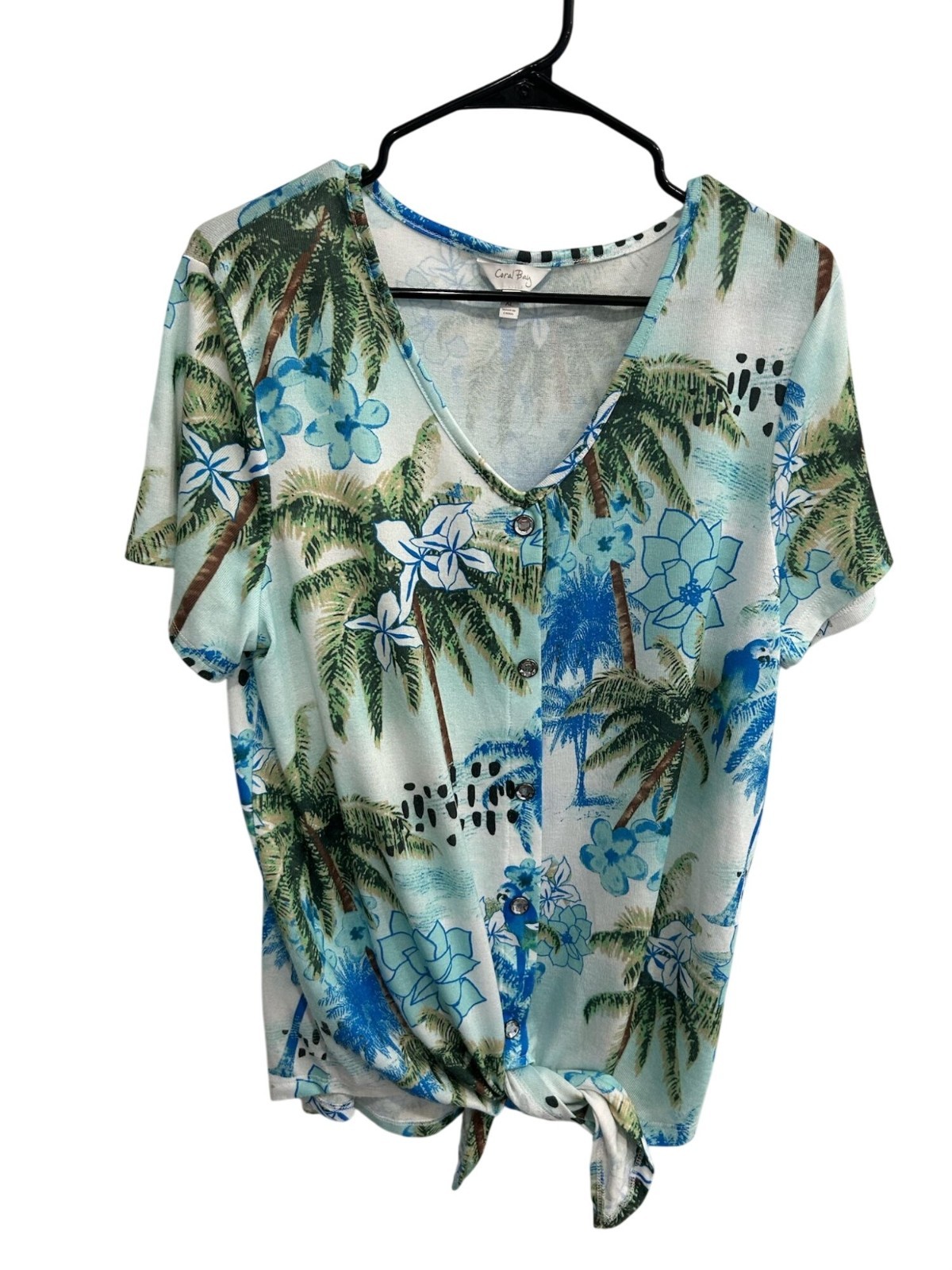 Coral Bay XL Blue Green Tropical Palm Tree Tie-Front V-Neck Top Naturecore Boho
