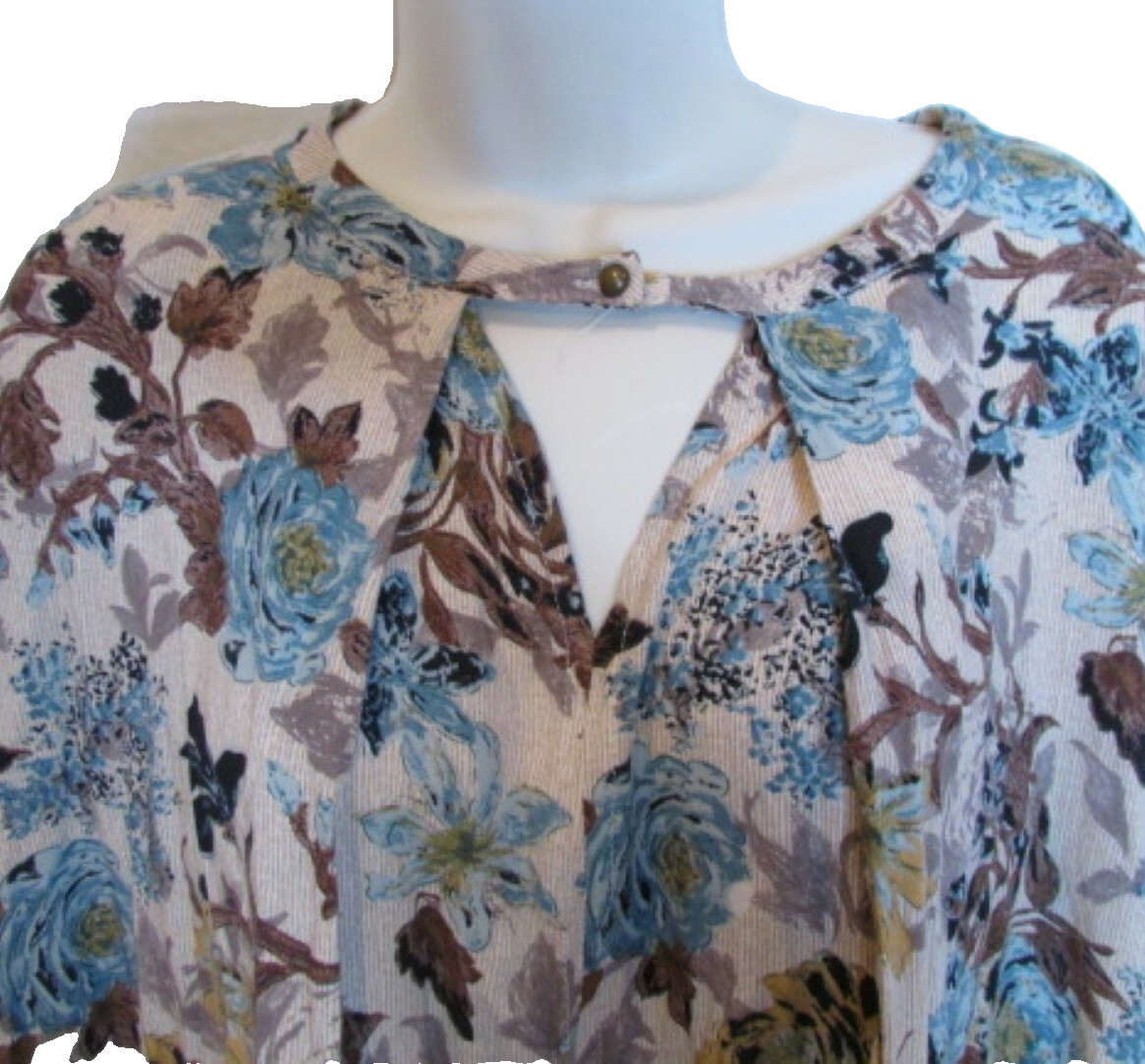 Women’s Beige Brown & Blue Floral Boho Tunic Blouse XL