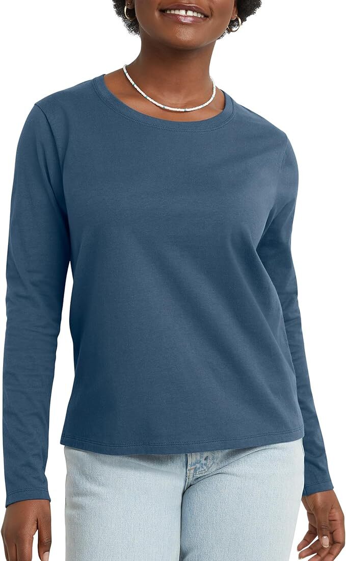 Hanes Women’s Long Sleeve Crewneck T-Shirt 100% Cotton Tee Tagfree Size S to 2XL