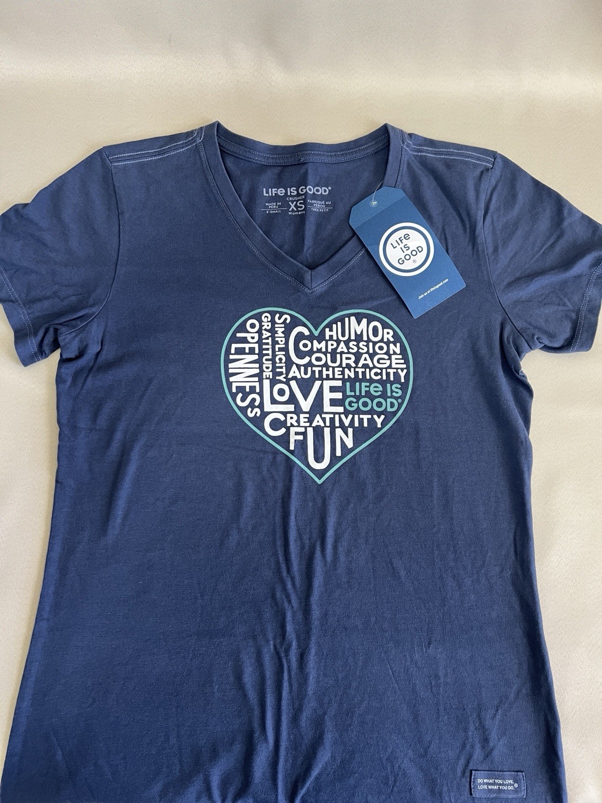 LIFE IS GOOD Heart Crusher T-shirt Dusty Blue ‘Superpower Love’ Sz XS