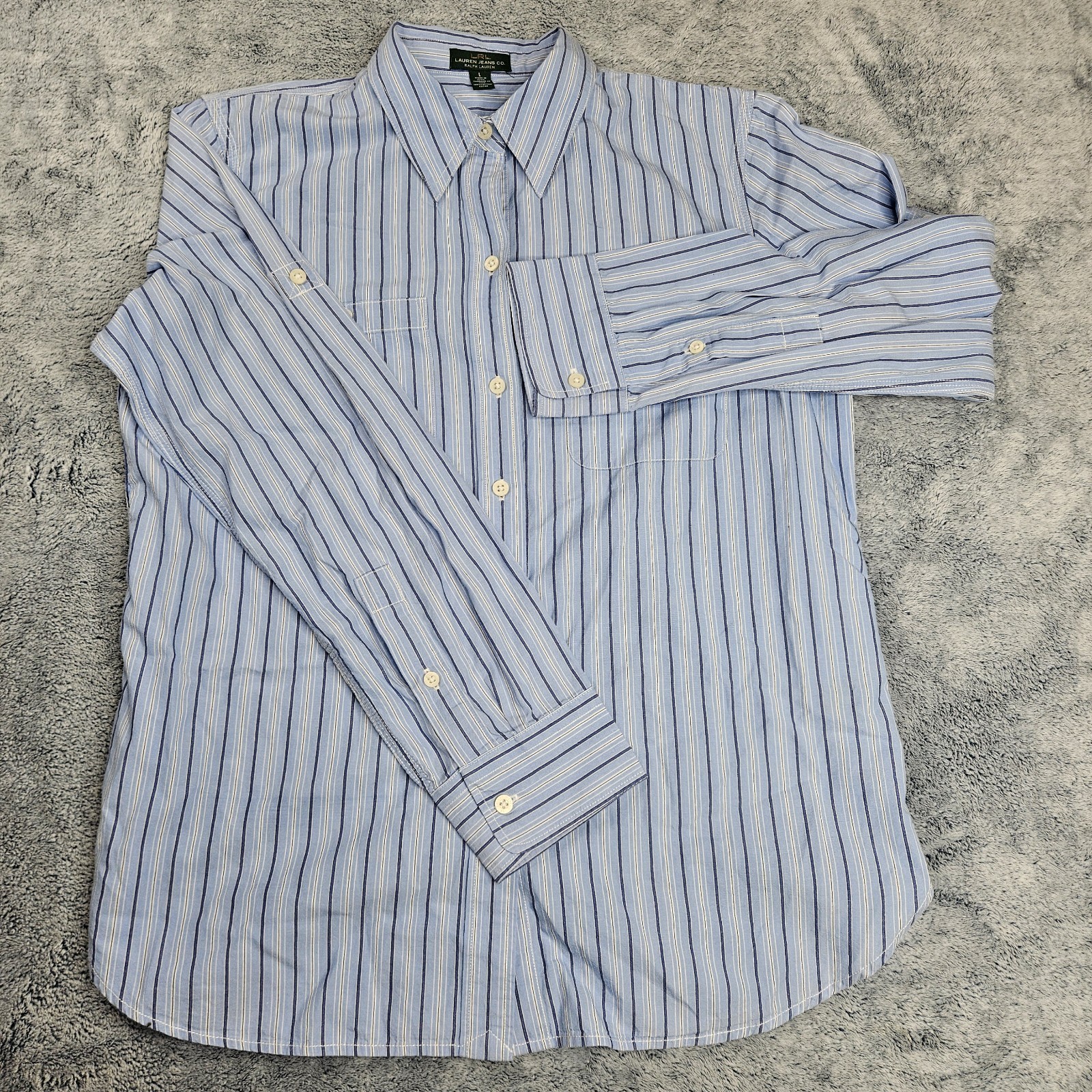 Lauren Ralph Lauren Shirt Womens Large Stripe Cotton Button Front Roll Tab Top