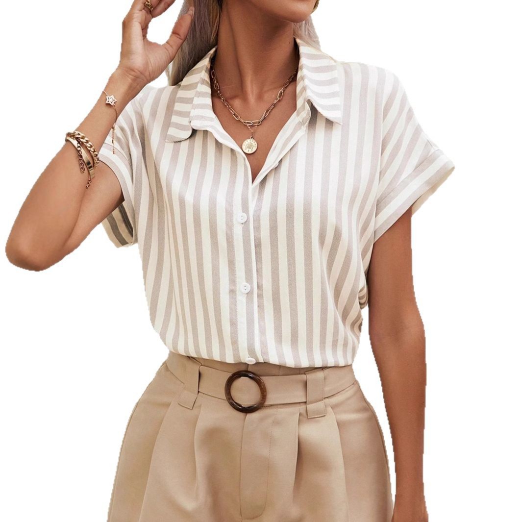 Japanese Striped Button Casual Shirt Short Sleeve