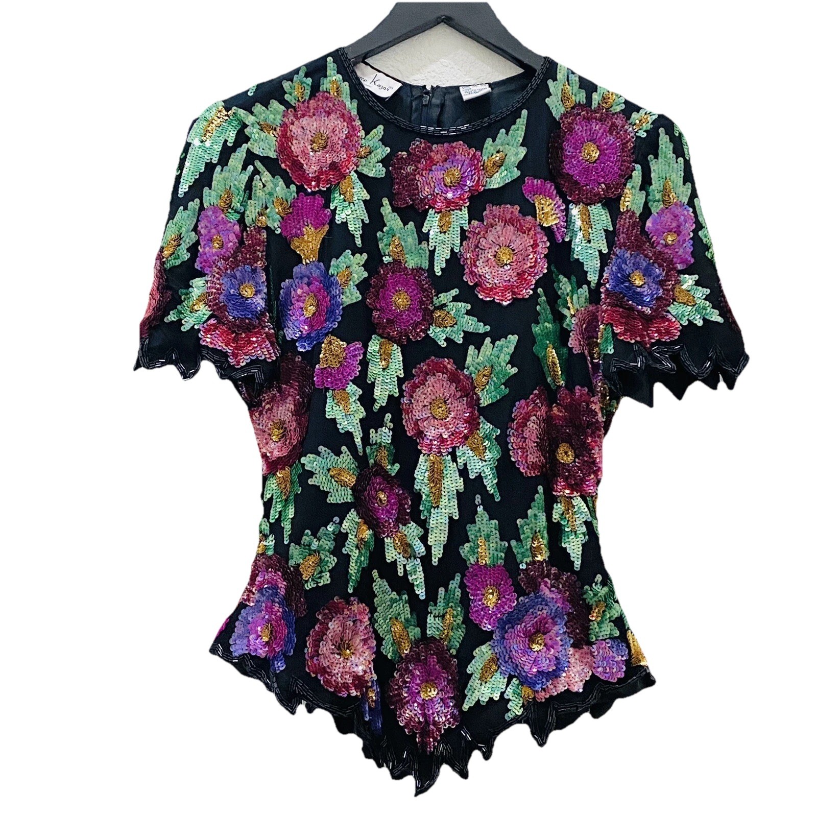 Vintage Laurence Kazar Heavily Beaded Sequin Floral Silk Blouse Size M