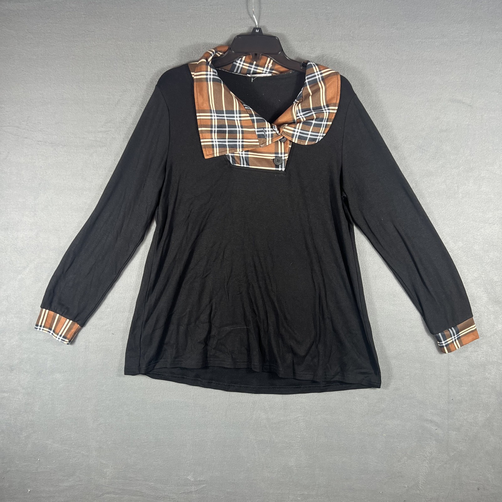 BLUETIME Women’s Black Long Sleeve Tunic Top Plaid Collar Cuffs Size L