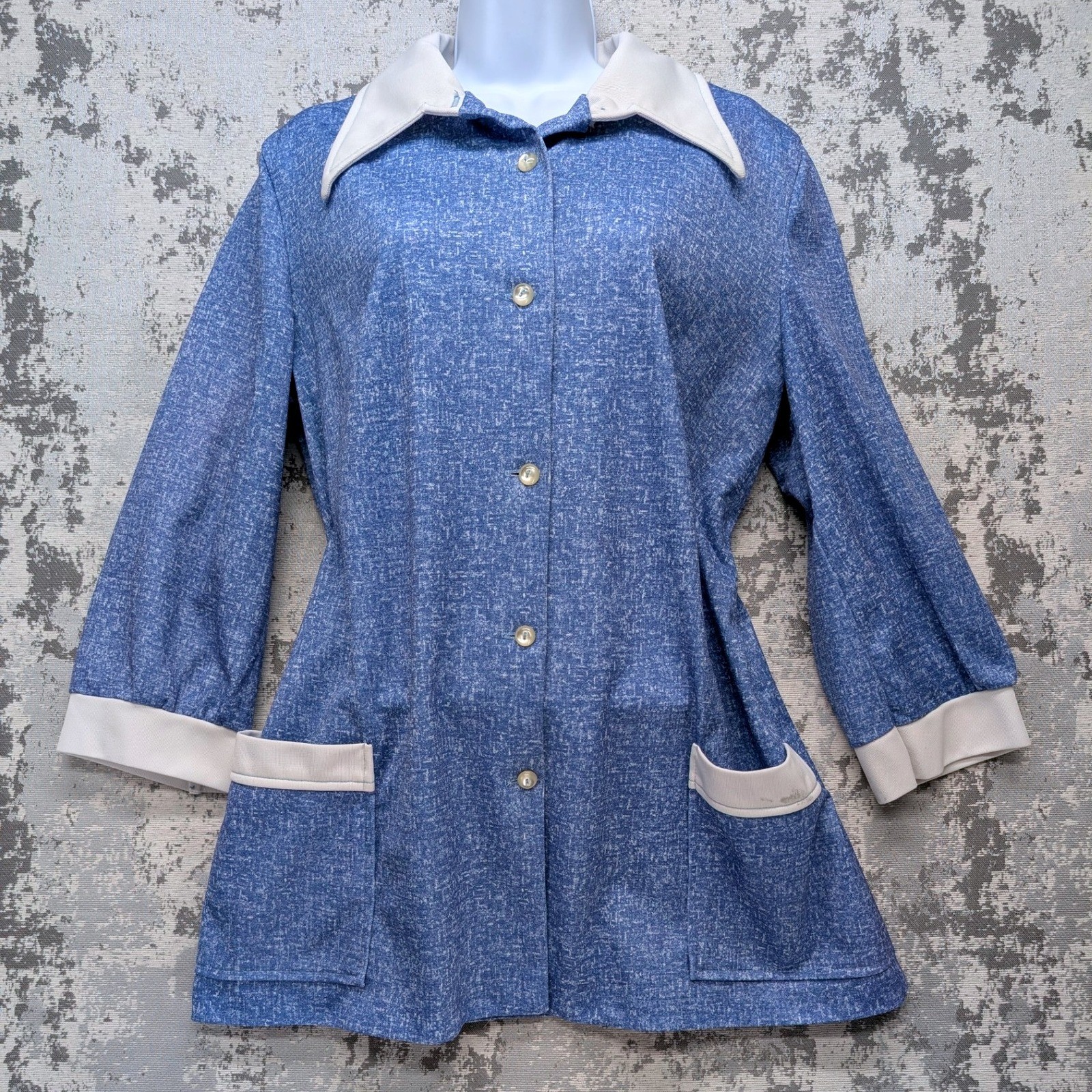 Vtg Crest 50’s 60’s Womens Workwear Blue Textured Button Up Classic Tunic Top