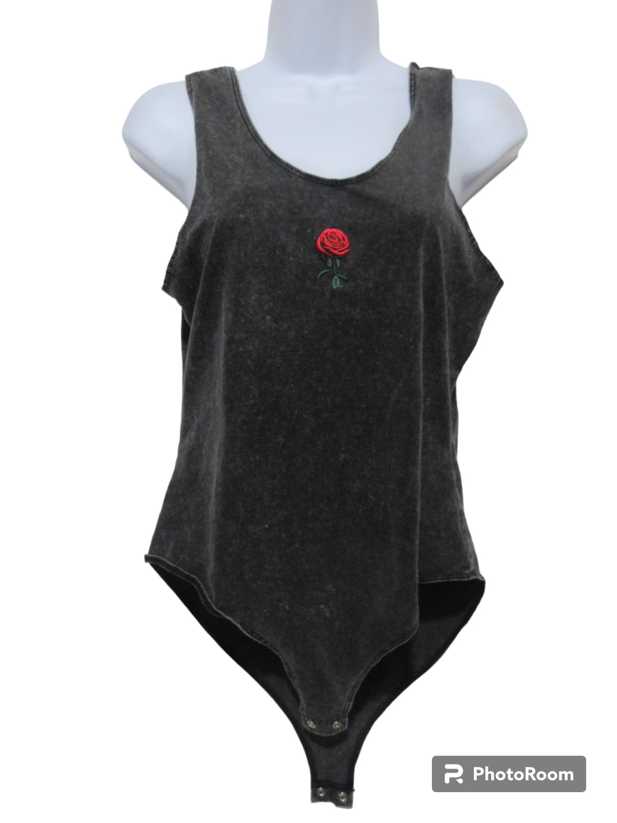 Sz M Urban Nation Womens Bodysuit Black Mineral Wash Rose Embroidered Tank Top