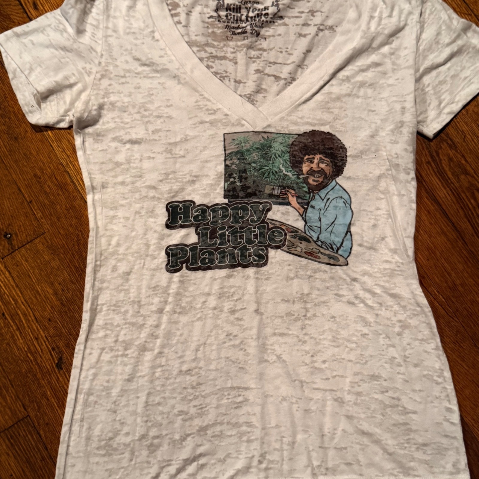 Kill Your Culture ‘Happy Little Plants’ Burnout Graphic V-Neck T-Shirt Large