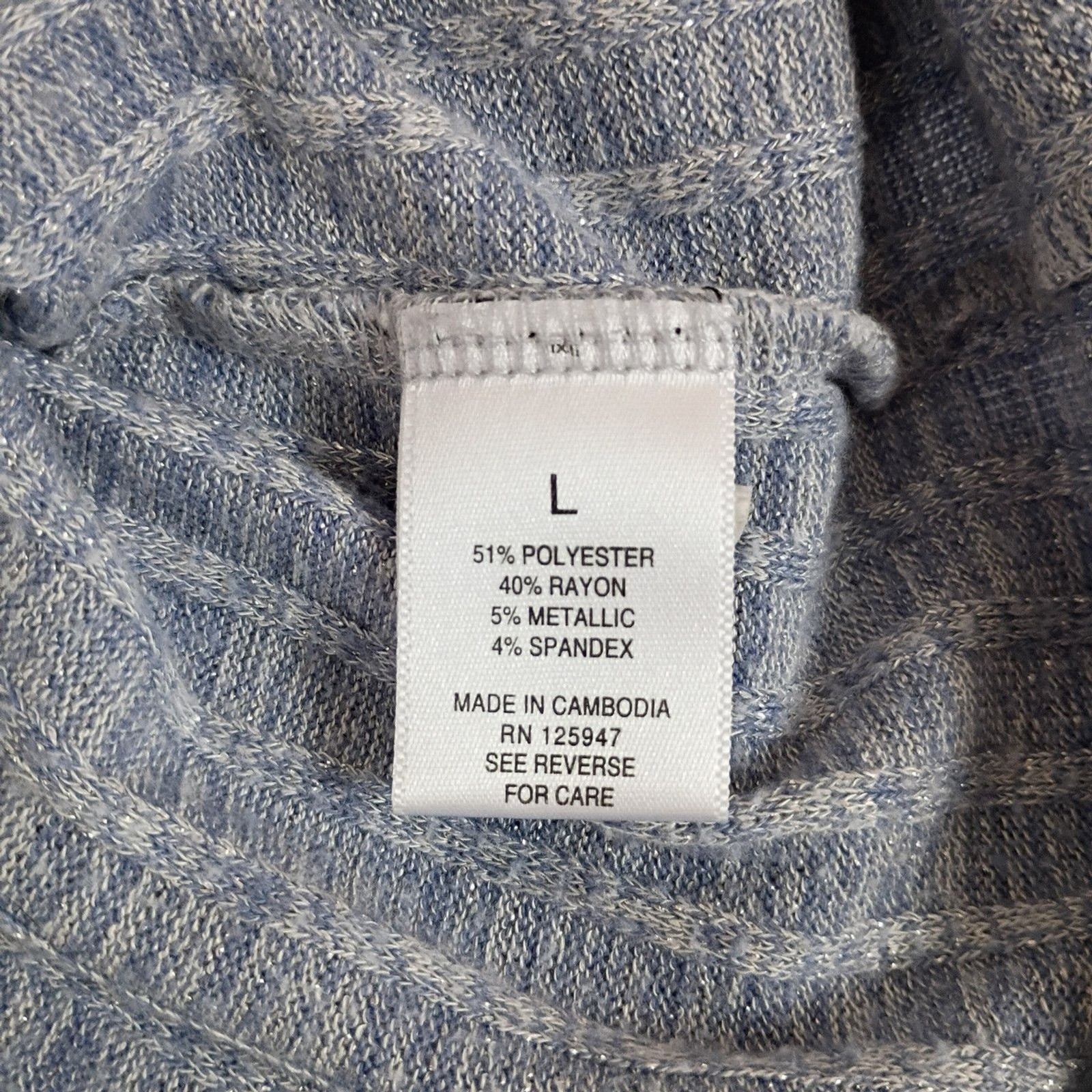 Cocomo Blue and Silver V Neck Swing Sweater Ribbed Button Up Roll Tab Sleeve L