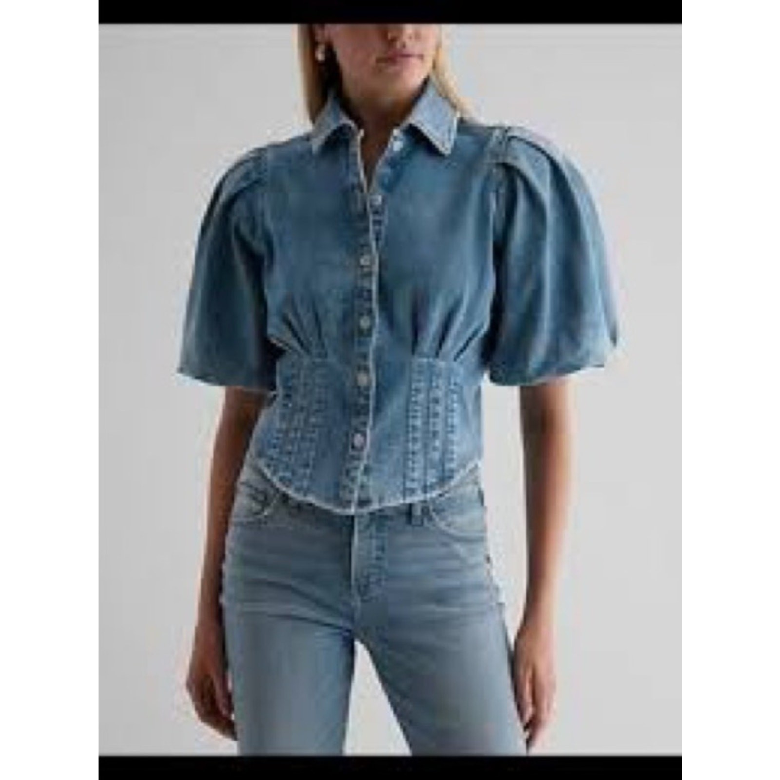 Bagatelle NWT Denim Corset Puff Sleeve Top Medium Stretch Blue