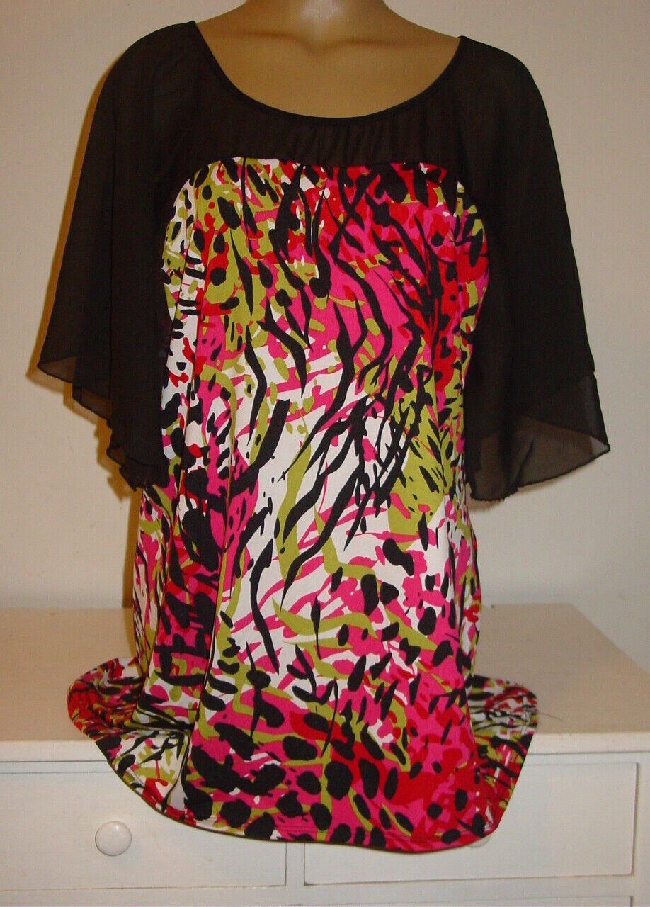 D.J. Summers Pink Black Abstract Leopard Print Slinky Tunic Top Sheer USA-XL NEW