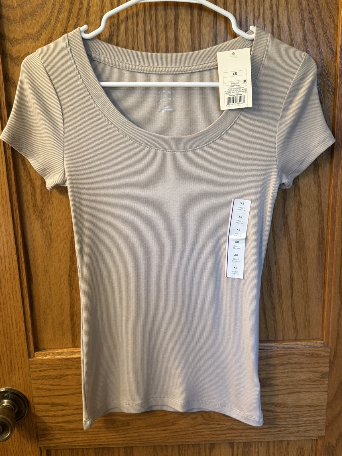 A NEW DAY Ribbed Scoop Neck Tee Beige Short Sleeve Basic Top Size XS
