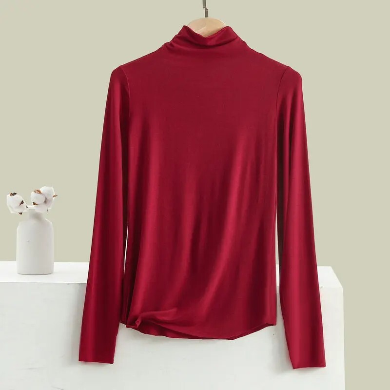 Womens Pure Mulberry Silk Knitted High Neck T Shirt Undershirt Long Sleeve T