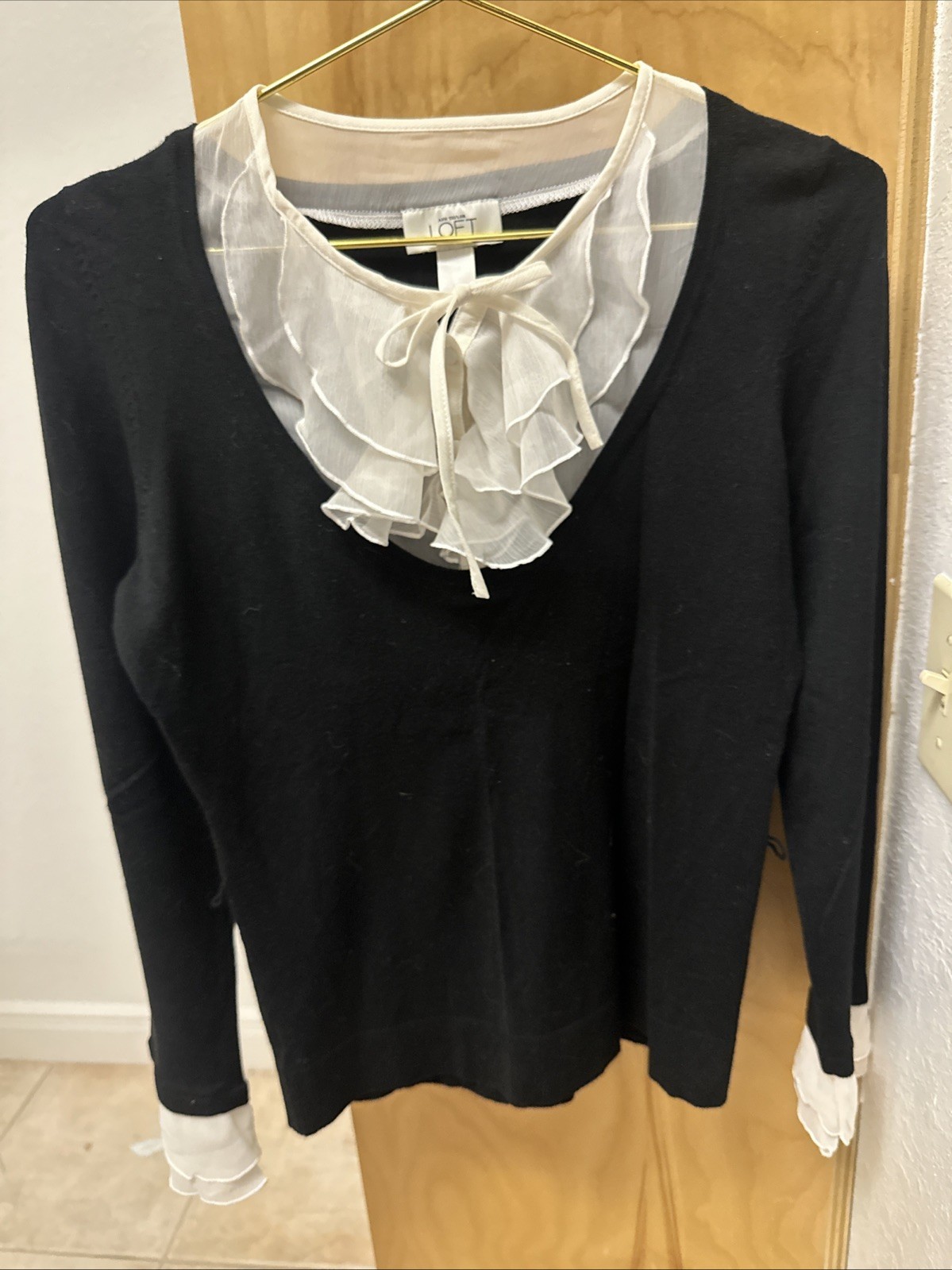 LOFT Black Knit Sweater Sheer White Ruffle Tie Neck Cuff Bridgerton Regencycore