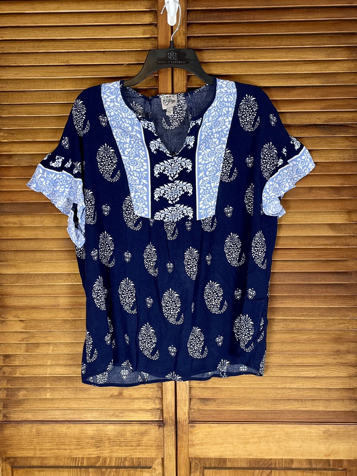 COMO VINTAGE Womens Boho Ruffle Short Sleeves V-Neck Pullover Blouse Size Lg