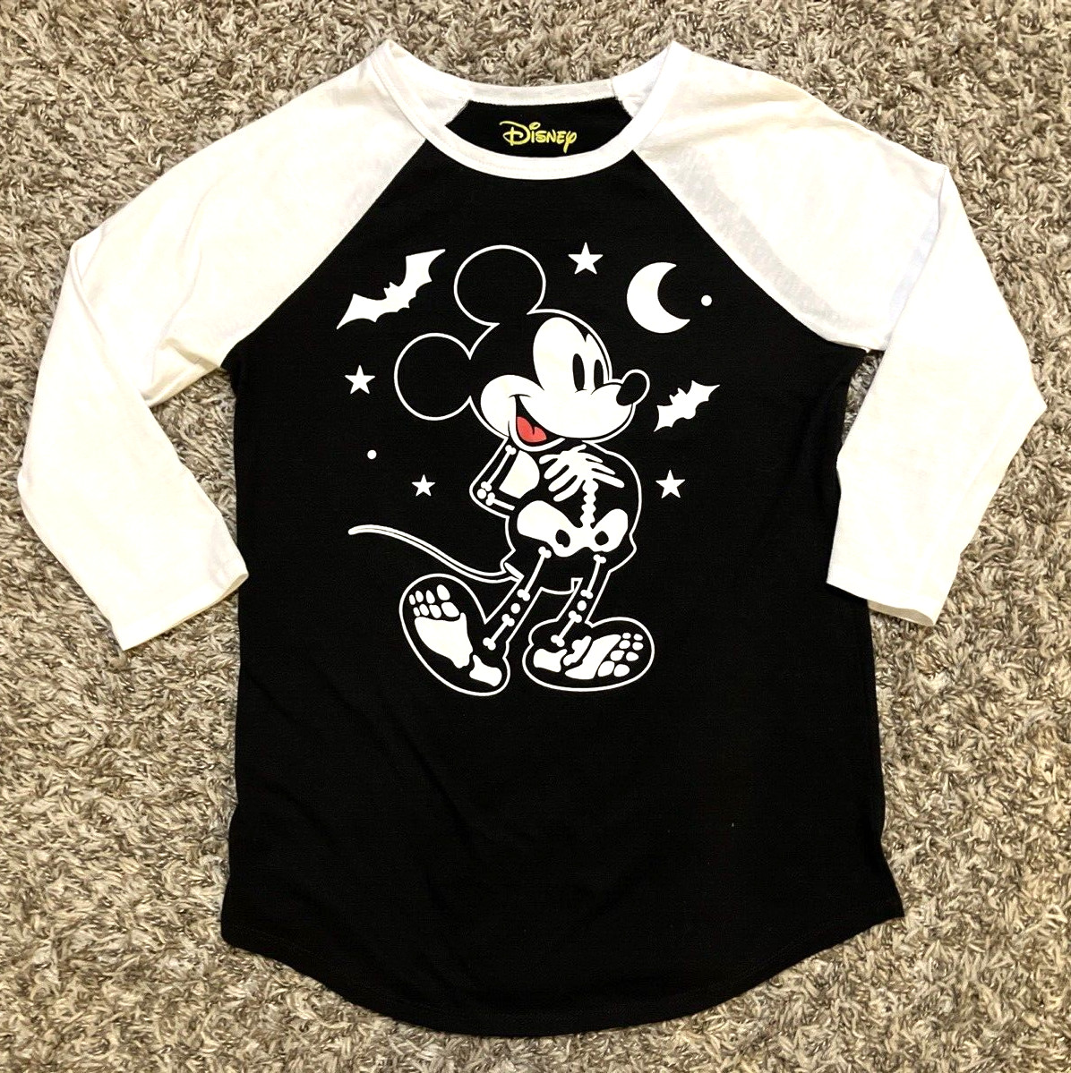 Disney Shirt Womens XS Black White Raglan PJ Mickey Mouse Skeleton X-Ray Thin