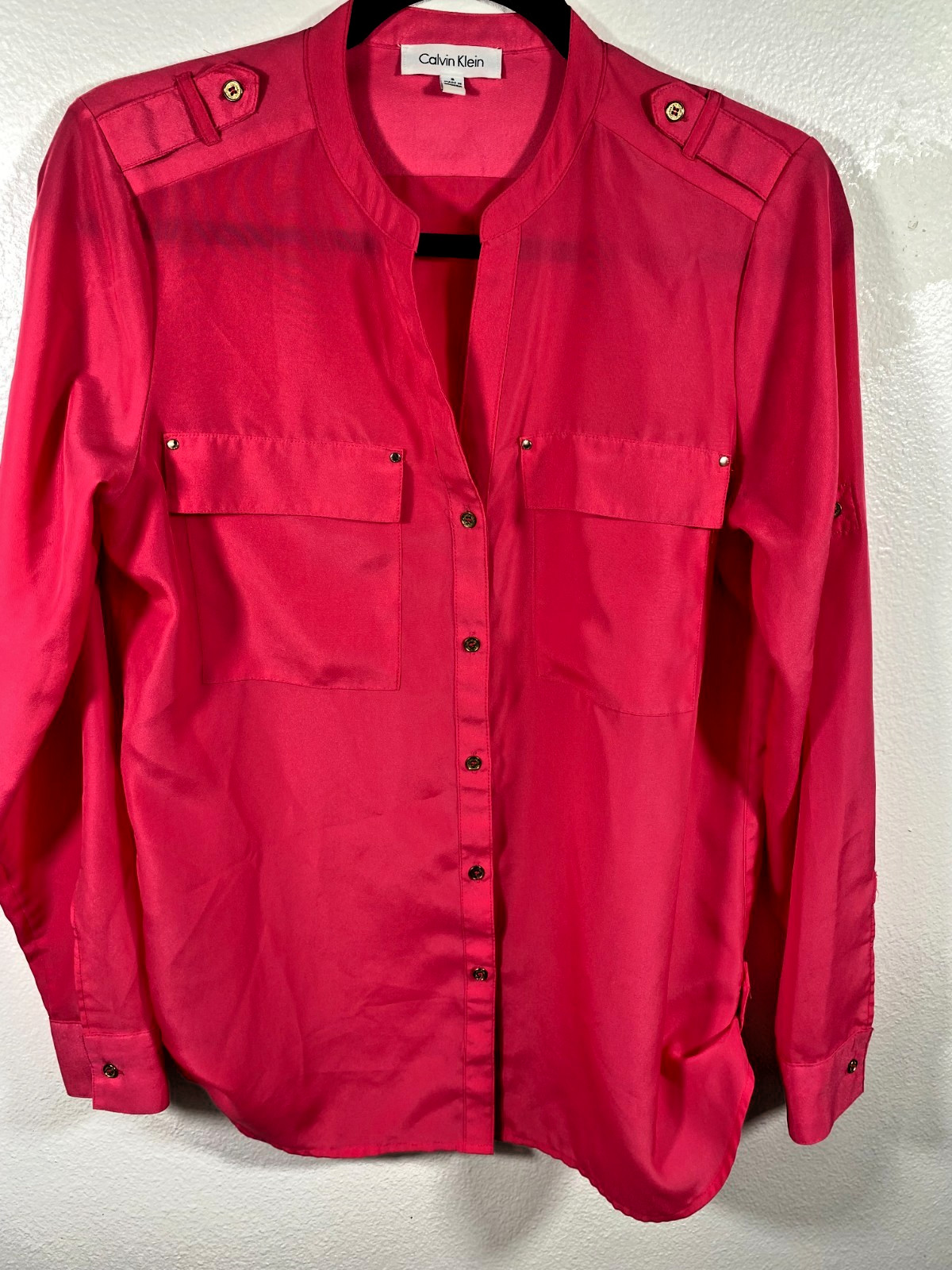 Calvin Klein Small Button Up Shirt Blouse Roll Tab Sleeve