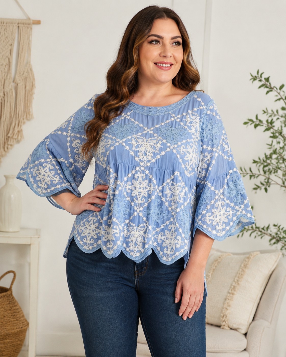 Kindred Size XL Blue Embroidered Boho Blouse Crochet Trim 3/4 Sleeve Top NWT