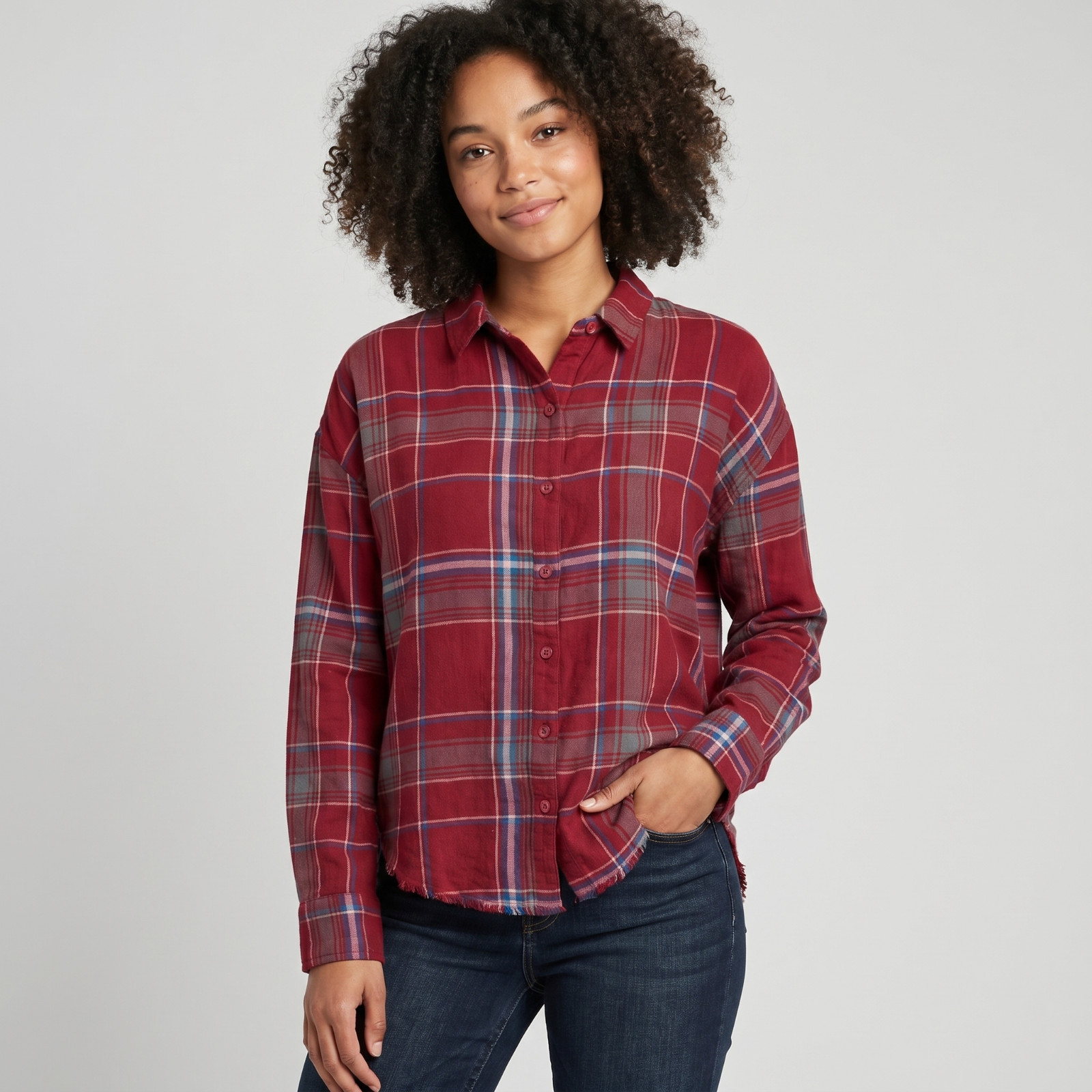 BP. Women’s Frayed Edge Plaid Shirt Top in size Small