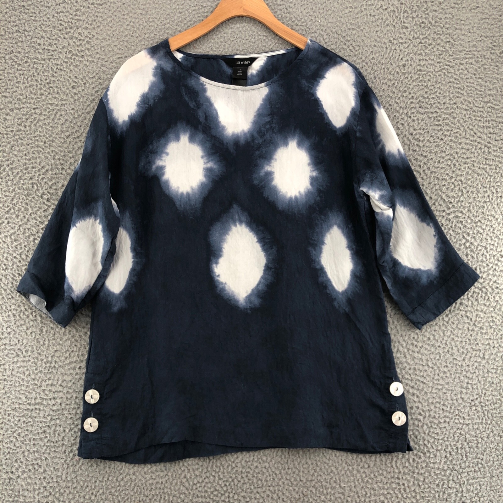 Ali Miles Tunic Womens Small Navy Tie Dye Polka Dot 3/4 Sleeve Oversized Buttons