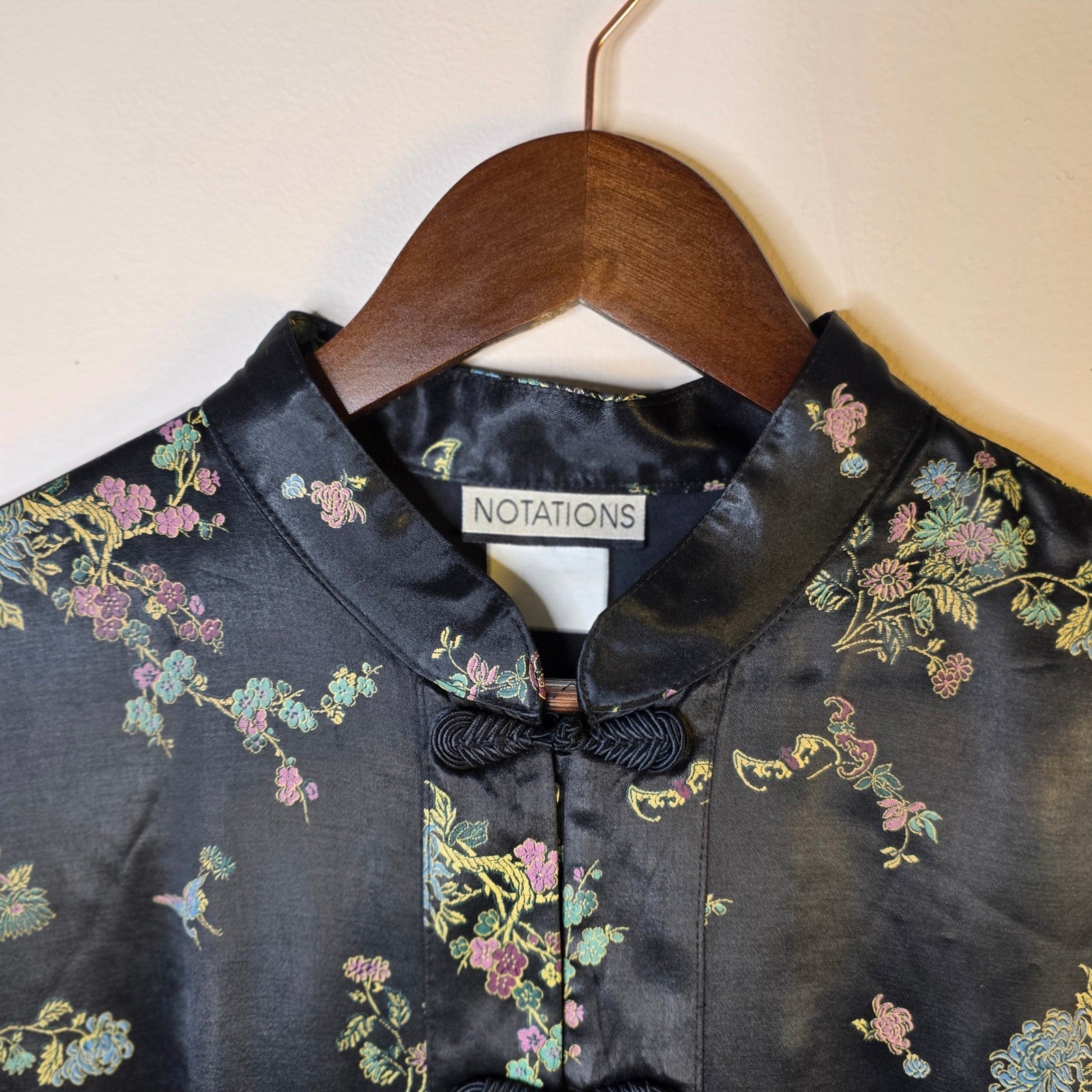 Vintage Notations Satin Blouse Womens Large Black Frog Closure Mandarin Collar
