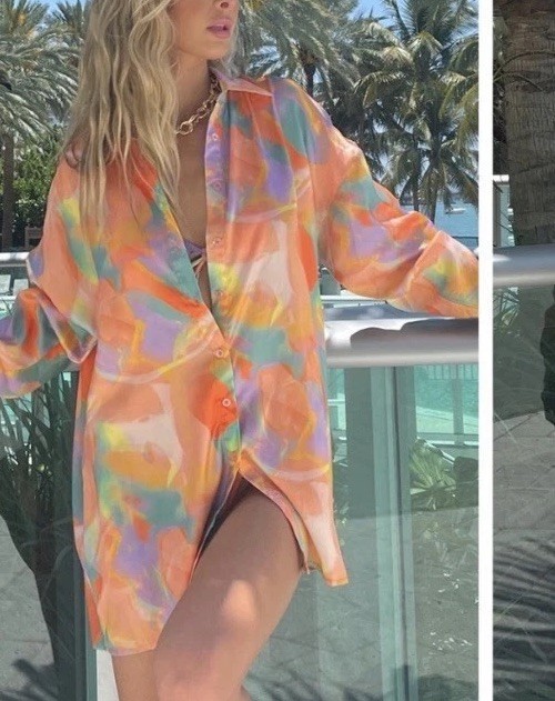 PrettyLittleThing | Orange Multicolor Maximalist Oversize Satin Button-Down Sz 4