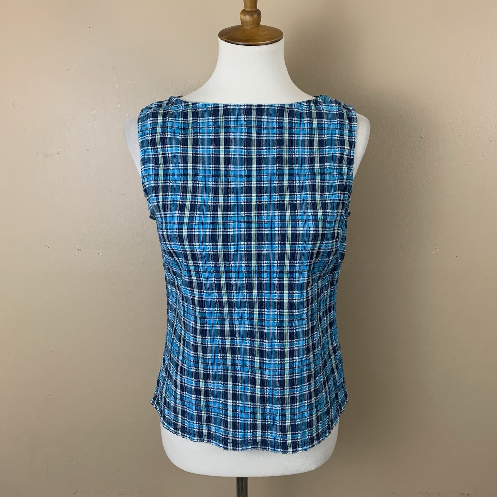 St Johns Bay Top Womens Medium Blue Smocked Cotton Plaid Sleeveless Vintage Y2K