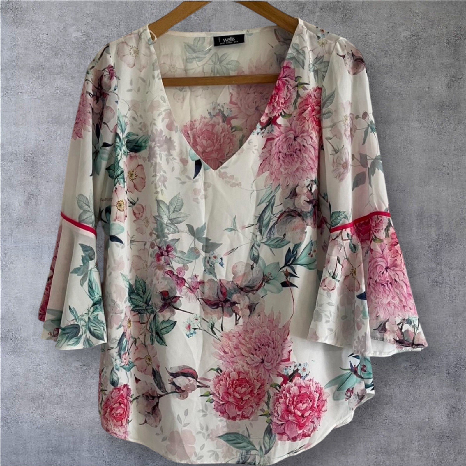 Wallis White & Pink Floaty boho Blouse with Trumpet Sleeves Size 10 C4