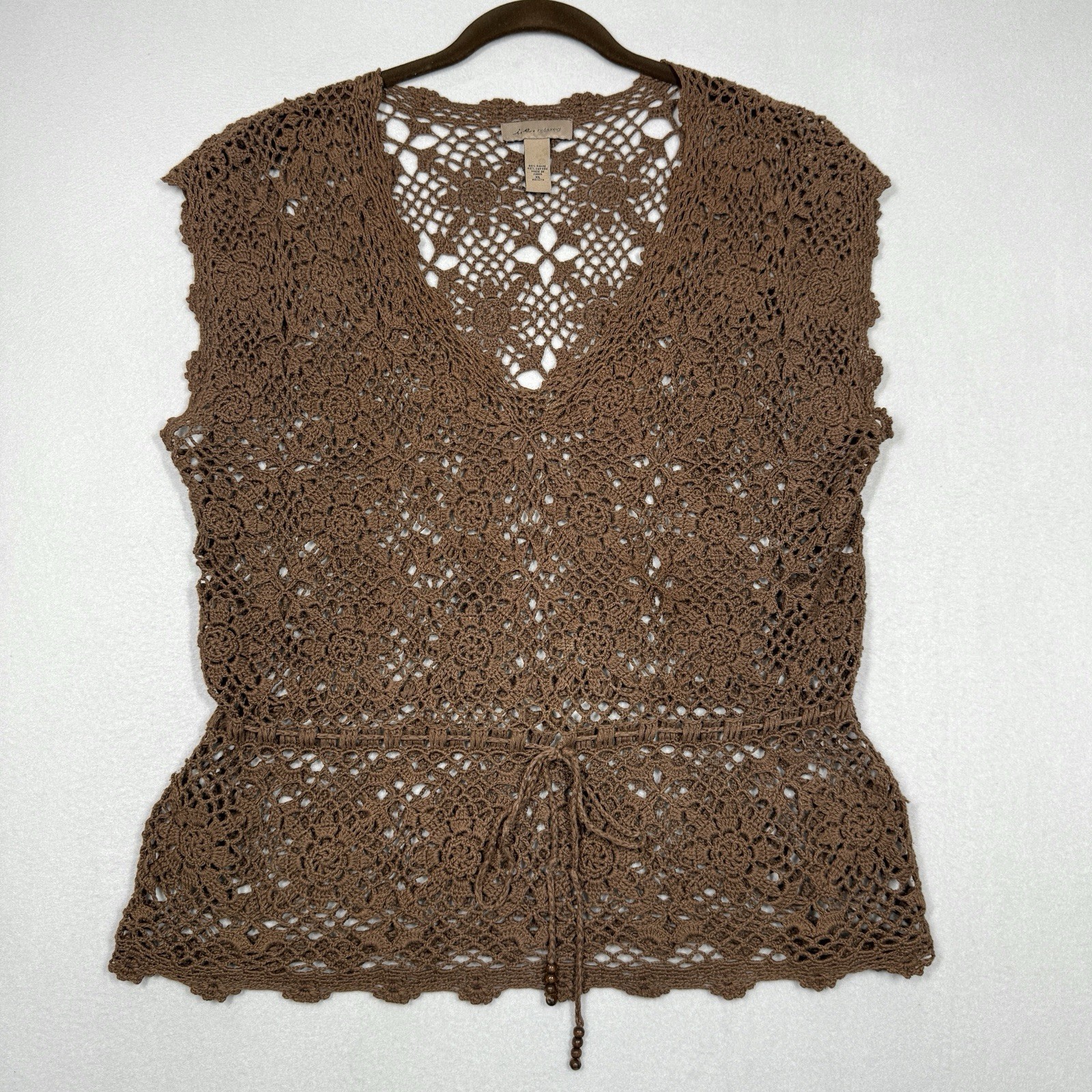 Vintage Crochet Top Womens XL Open Knit Tie Waist V Neck Y2K Festival Hippie